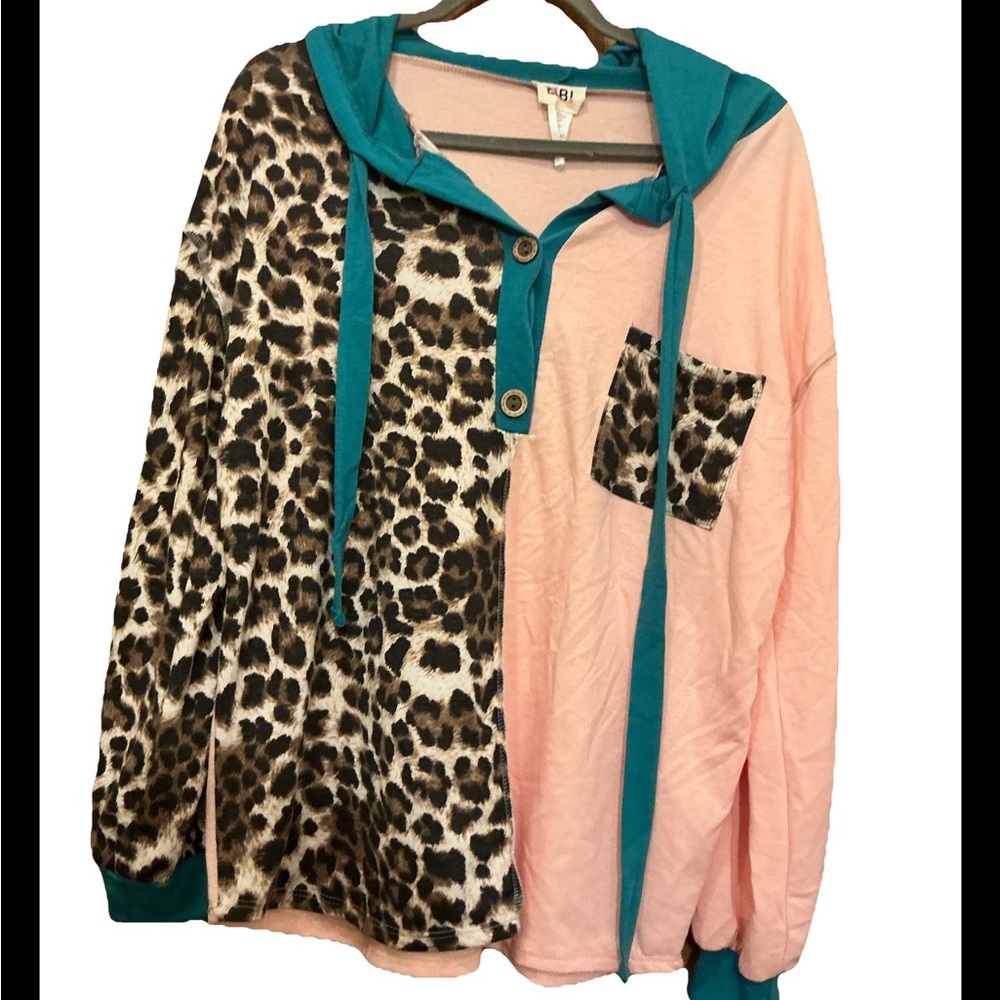 Bibi Color block Leopard Casual Boho Hooded Shirt With Draw String Detail Sz Sm